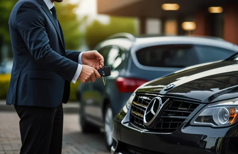 Chauffeur handing car keys for professional car service in Charlotte with VOY Black Car Chauffeur handing car keys for professional car service in Charlotte with VOY Black Car