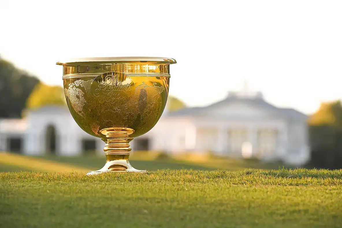 Presidents Cup trophy at Quail Hollow for Charlotte golf event transportation with VOY Black Car service