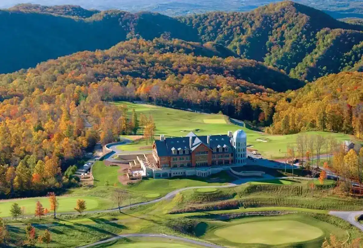 Aerial view of Primland Resort with golf course and mountain landscape near Charlotte