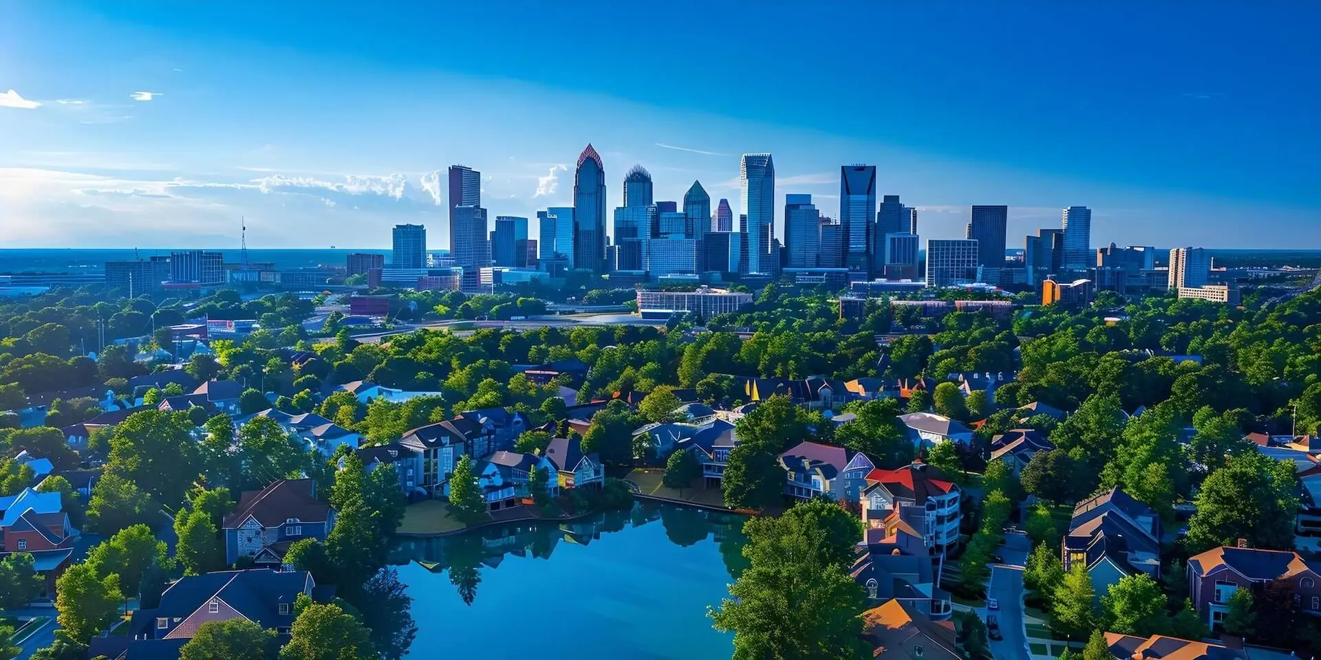 Aerial view of Charlotte skyline with surrounding neighborhoods, highlighting its ranking for year-round weather and real estate appeal