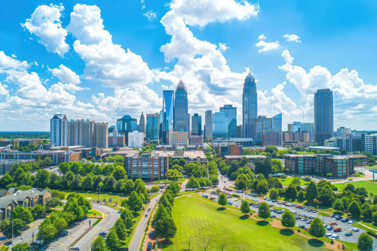 Charlotte NC skyline aerial view with downtown buildings and green park