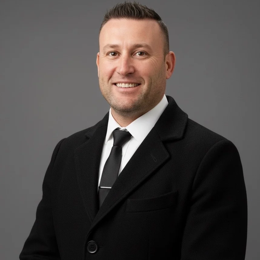 A man in a suit and tie smiles warmly against a gray background, representing the experienced team at VOY Black Car.