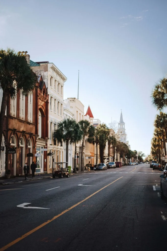 Street view in Charleston with historic buildings and palm trees.
