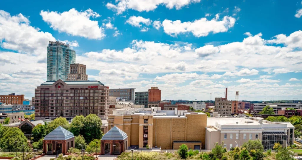 Skyline view of downtown Durham with modern and historic buildings under a partly cloudy sky.