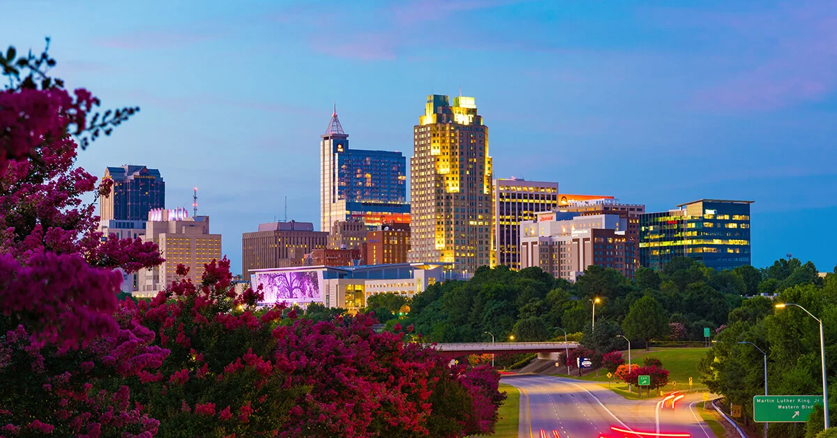 Raleigh skyline at dusk with illuminated buildings and flowering trees in the foreground.